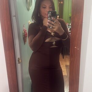 Elegant Brown Cut-Out Dress